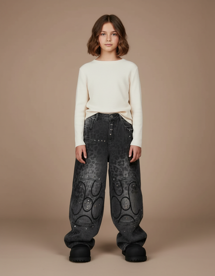 Pantalon Léopard Gris Délavé Large Motif Géométrique Clouté - Jean