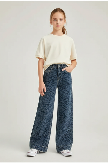 Pantalon Léopard Denim Ample Imprimé Taille Haute - Jean