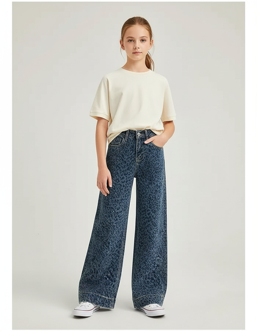 Pantalon Léopard Denim Ample Imprimé Taille Haute - Jean
