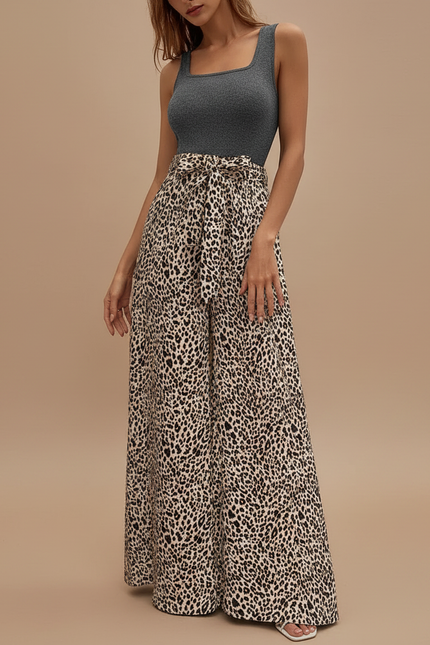 Pantalon Léopard Fluide Ample Taille Haute Élégant - Imprimé Viscose
