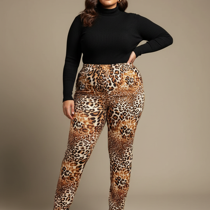 Pantalon Léopard Marron Imprimé Ajusté Stretch Chic - Maille