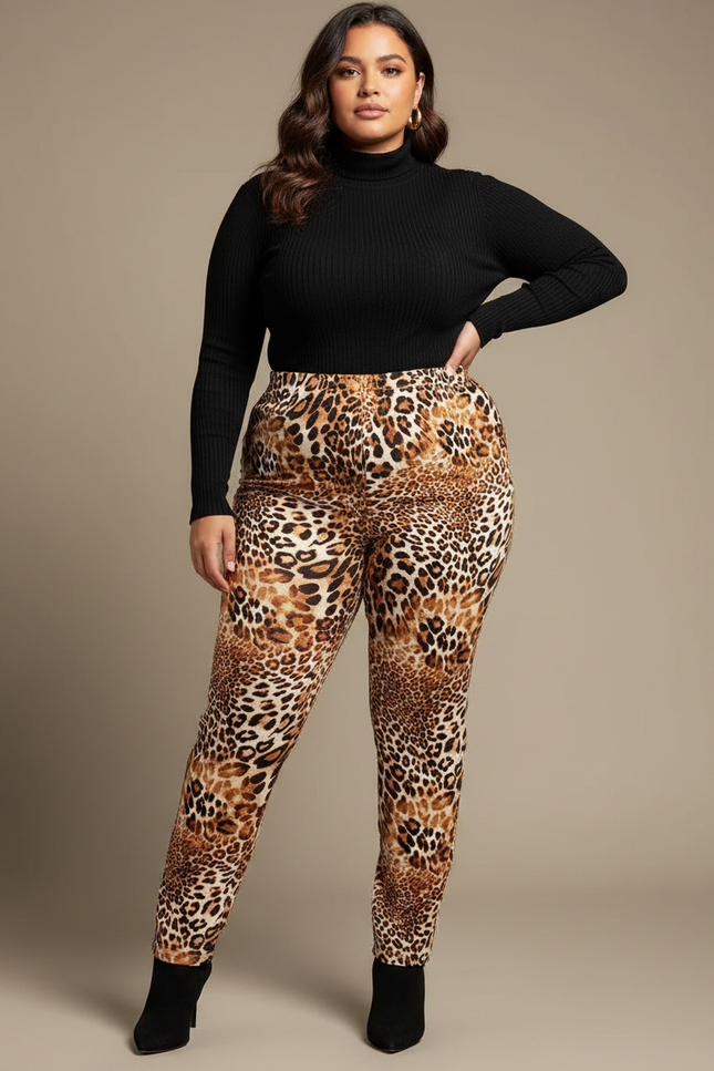 Pantalon Léopard Marron Imprimé Ajusté Stretch Chic - Maille