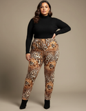 Pantalon Léopard Marron Imprimé Ajusté Stretch Chic - Maille