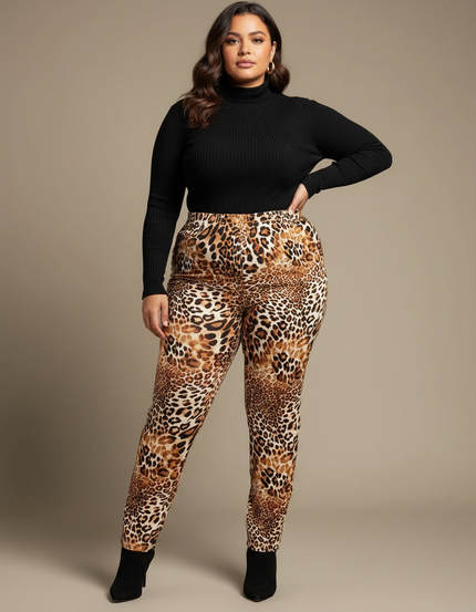 Pantalon Léopard Marron Imprimé Ajusté Stretch Chic - Maille