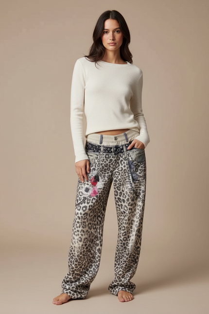 Pantalon Léopard Ample Imprimé Ceinturé Décontracté Femme - Maille