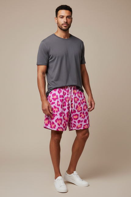 Pantalon Léopard Homme Rose Imprimé Court Sportif - Molleton