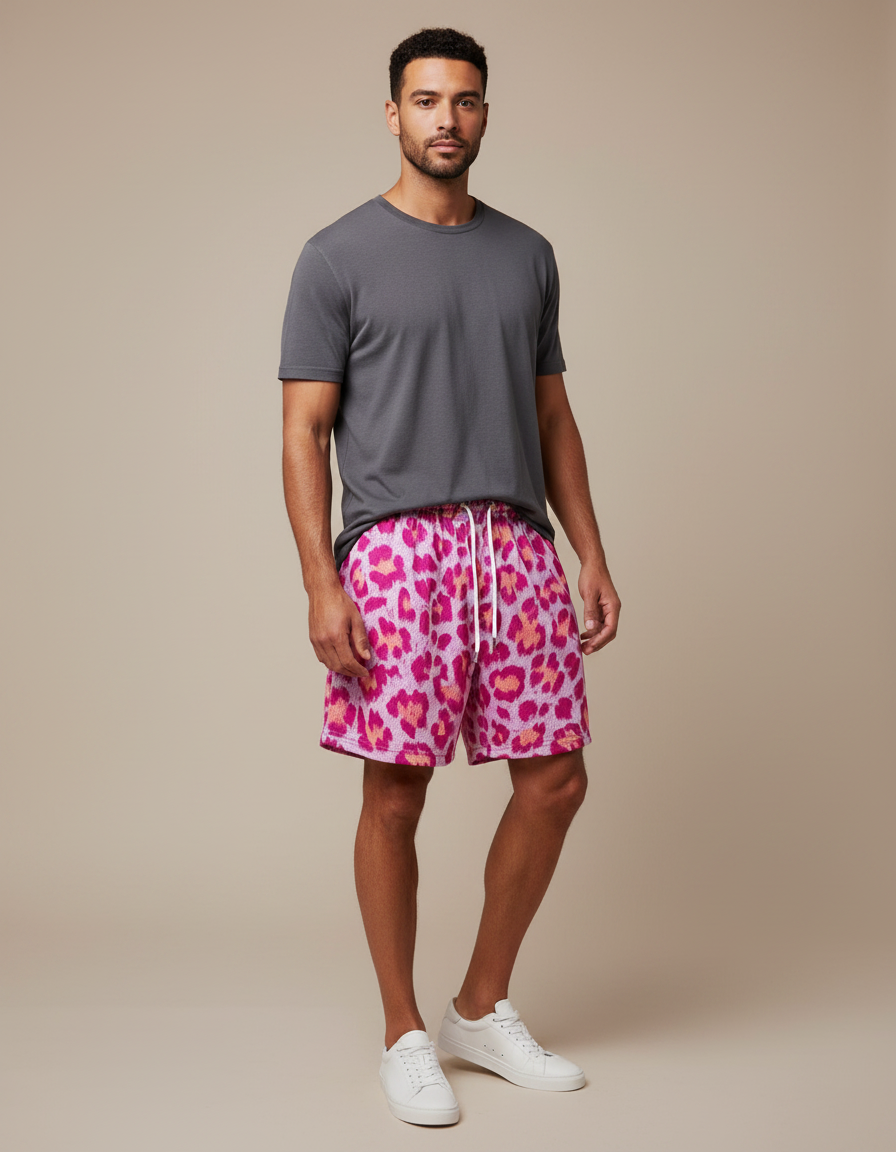 Pantalon Léopard Homme Rose Imprimé Court Sportif - Molleton