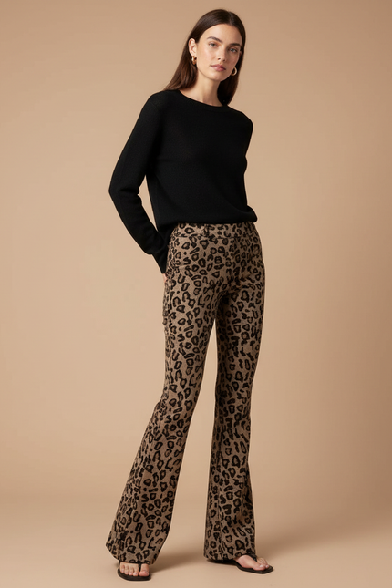 Pantalon Léopard Évasé Imprimé Marron Confortable - Maille