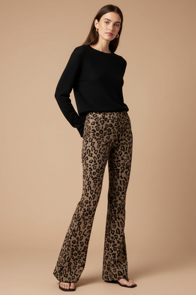 Pantalon Léopard Évasé Imprimé Marron Confortable - Maille
