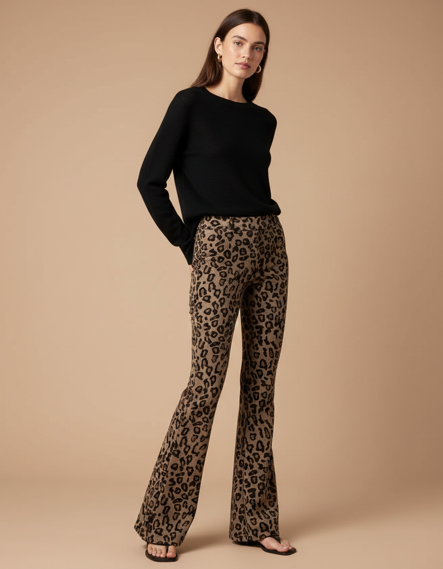 Pantalon Léopard Évasé Imprimé Marron Confortable - Maille