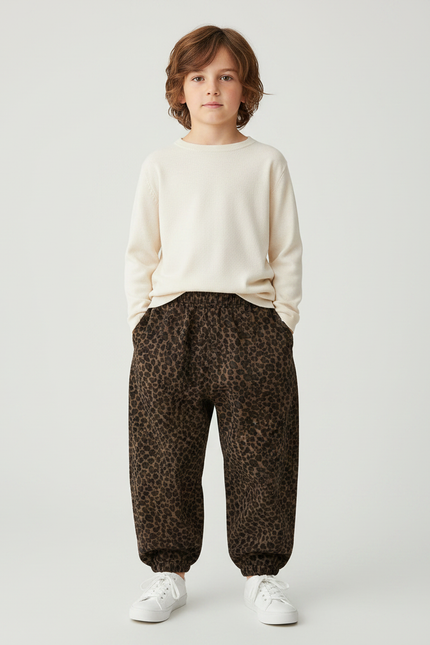 Pantalon Léopard Marron Ample Côtelé Enfant - Cordé