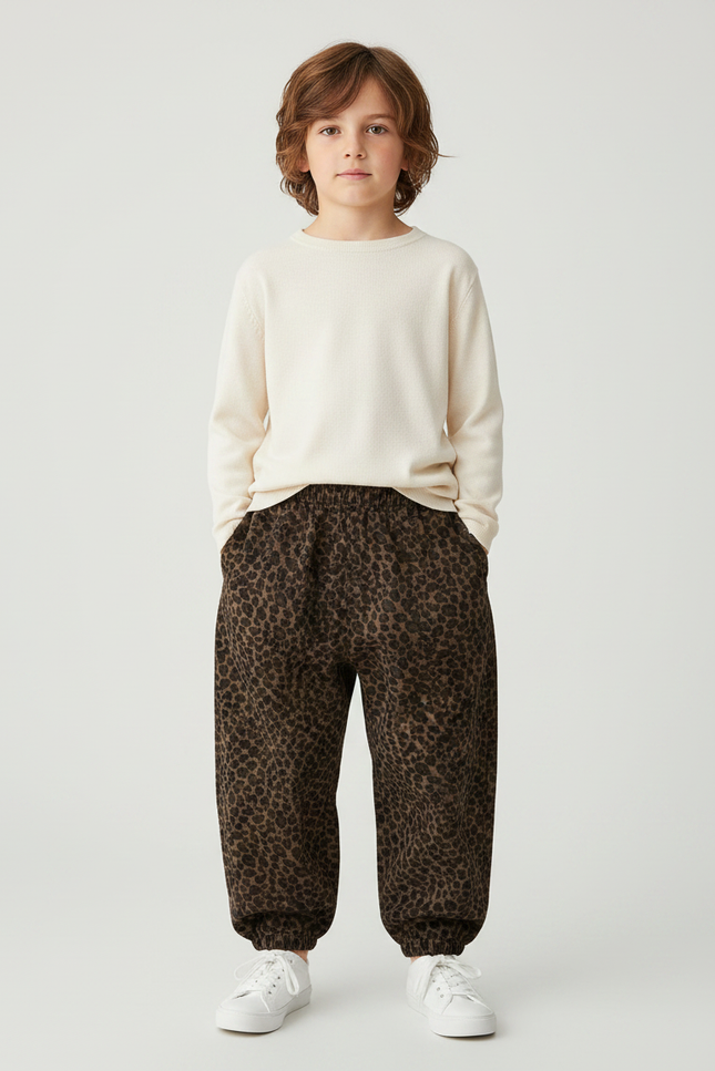 Pantalon Léopard Marron Ample Côtelé Enfant - Cordé