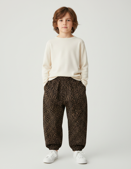 Pantalon Léopard Marron Ample Côtelé Enfant - Cordé
