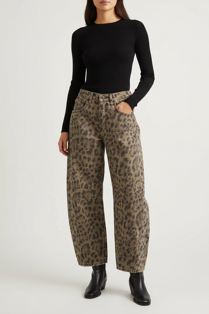 Pantalon Léopard Jean Ample Lavé Marron Vintage