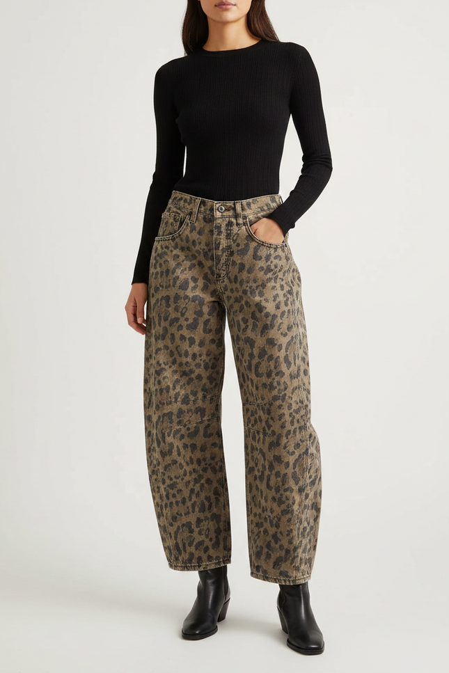 Pantalon Léopard Jean Ample Lavé Marron Vintage