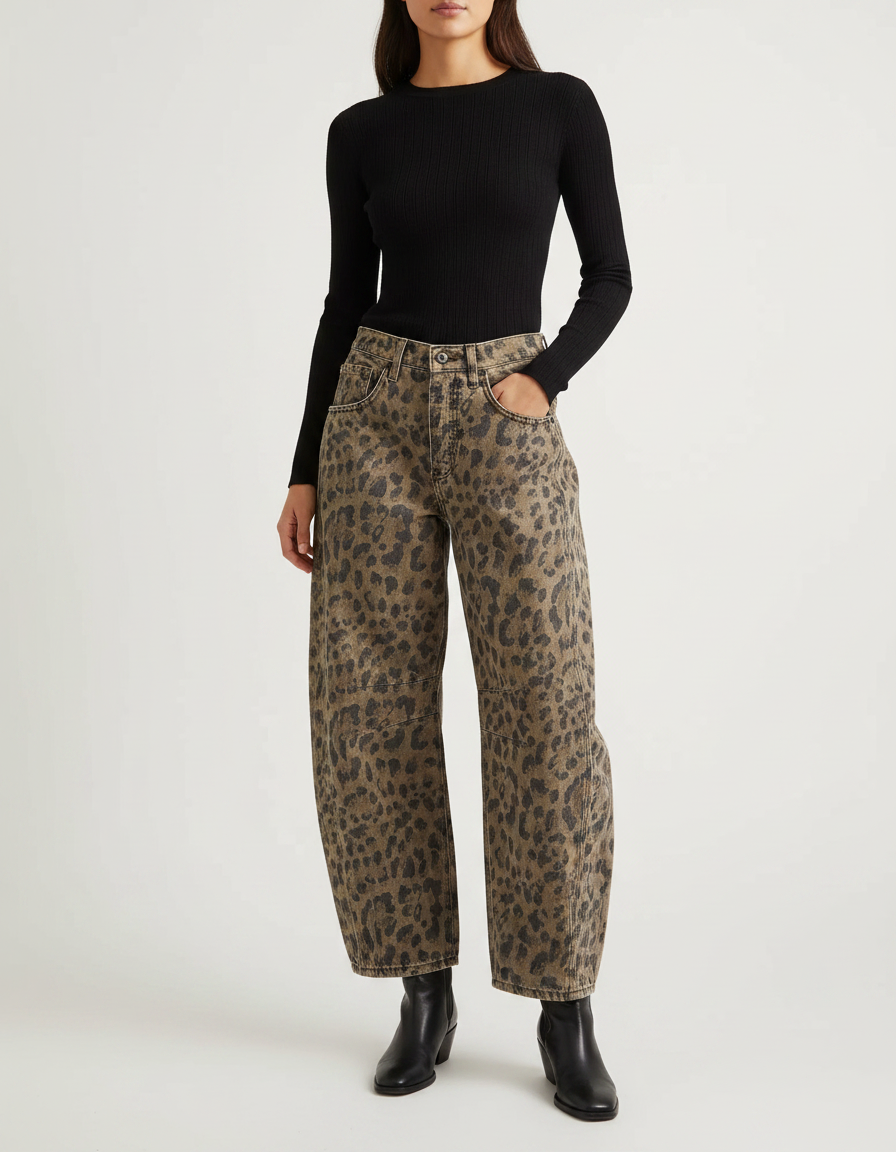Pantalon Léopard Jean Ample Lavé Marron Vintage