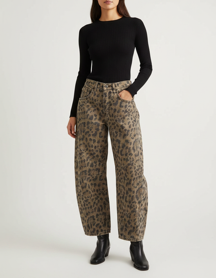 Pantalon Léopard Jean Ample Lavé Marron Vintage