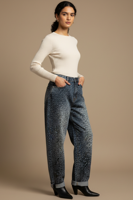 Pantalon Léopard Jean Ample Délavé Streetwear Femme - Bleu