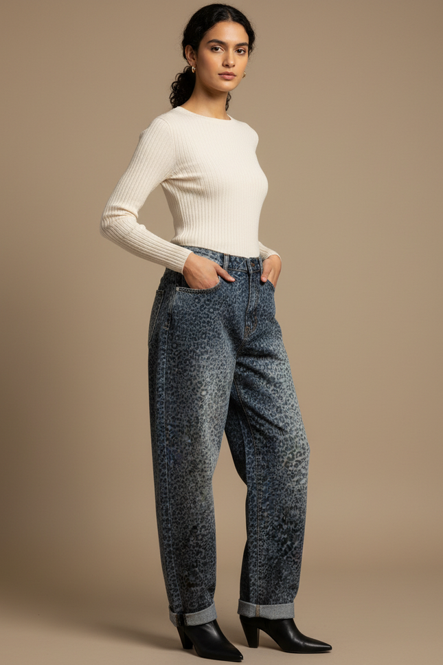 Pantalon Léopard Jean Ample Délavé Streetwear Femme - Bleu