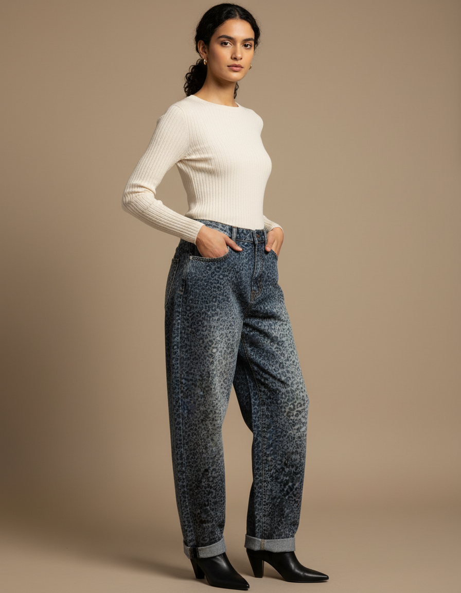 Pantalon Léopard Jean Ample Délavé Streetwear Femme - Bleu