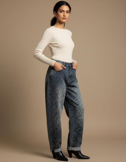 Pantalon Léopard Jean Ample Délavé Streetwear Femme - Bleu