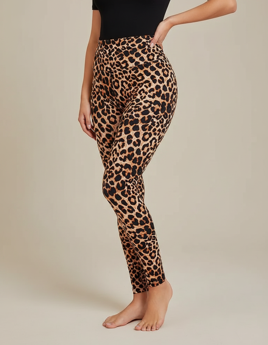 Pantalon Léopard Marron Imprimé Moulant Taille Haute - Maille