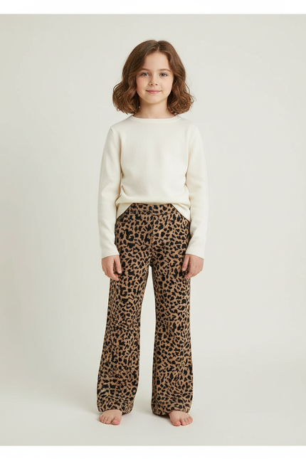 Pantalon Léopard Évasé Marron Imprimé Confortable Fille - Molleton