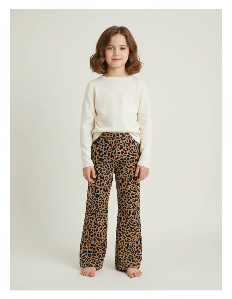 Pantalon Léopard Évasé Marron Imprimé Confortable Fille - Molleton