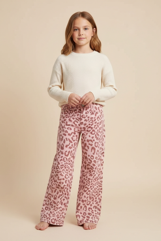 Pantalon Léopard Rose Ample Denim Imprimé Fille - Jean