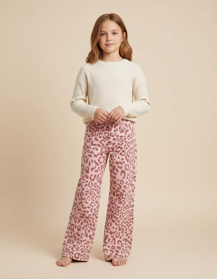 Pantalon Léopard Rose Ample Denim Imprimé Fille - Jean