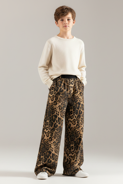 Pantalon Léopard Marron Ample Taille Élastique Enfant - Velours