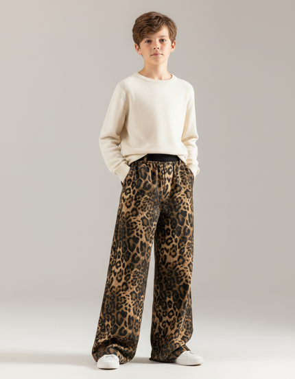 Pantalon Léopard Marron Ample Taille Élastique Enfant - Velours