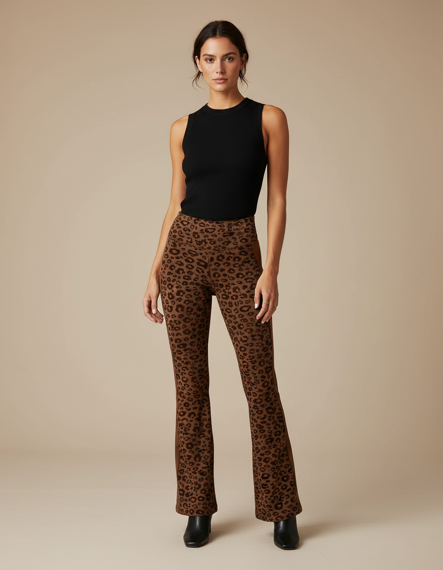 Pantalon Léopard Marron Évasé Imprimé Animal Confortable - Maille