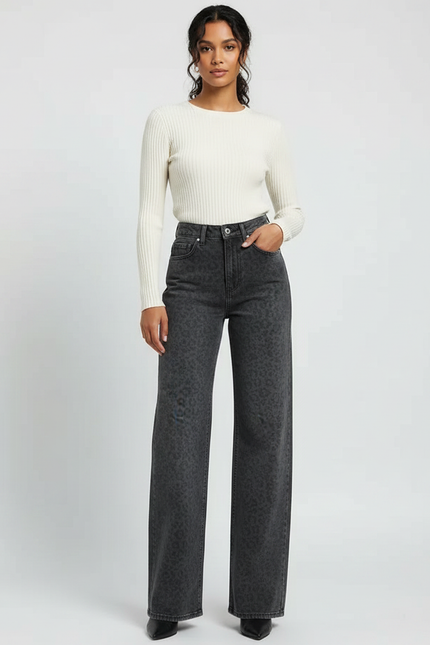 Pantalon Léopard Gris Ample Taille Haute Droit - Jean