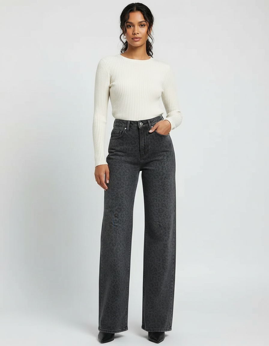 Pantalon Léopard Gris Ample Taille Haute Droit - Jean