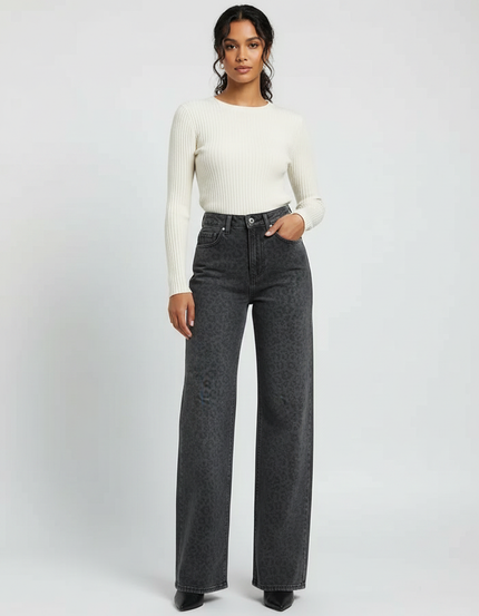 Pantalon Léopard Gris Ample Taille Haute Droit - Jean