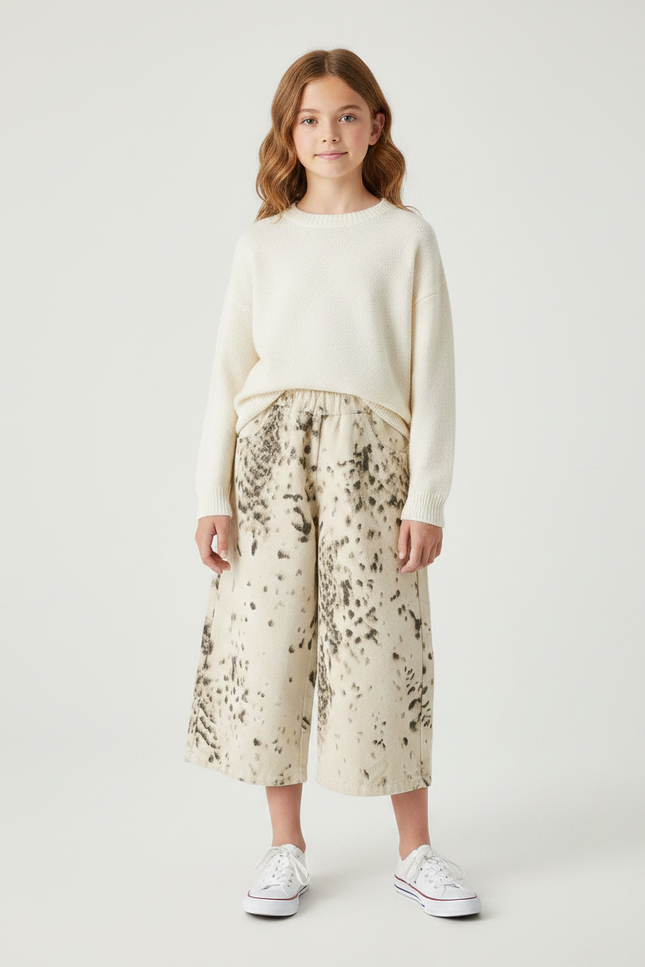 Pantalon Léopard Écru Imprimé Ample Fille - Molleton