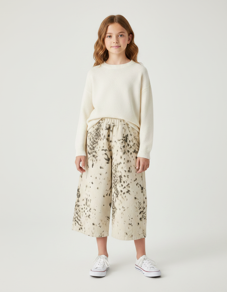 Pantalon Léopard Écru Imprimé Ample Fille - Molleton