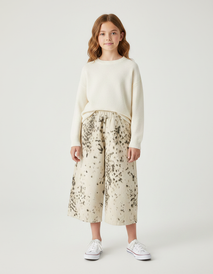 Pantalon Léopard Écru Imprimé Ample Fille - Molleton