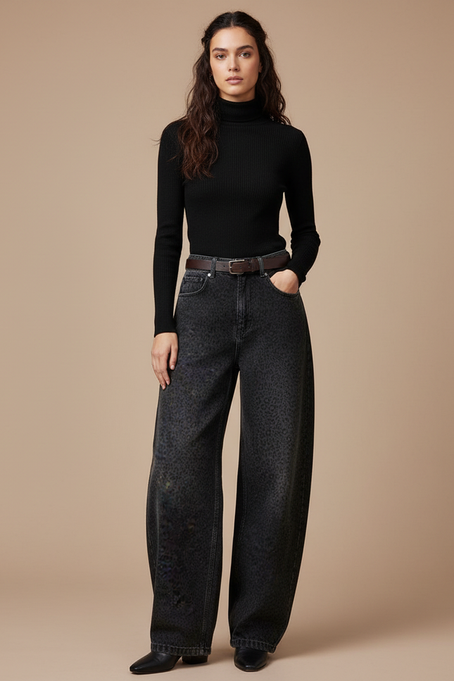 Pantalon Léopard Noir Ample Imprimé Denim Femme - Jean