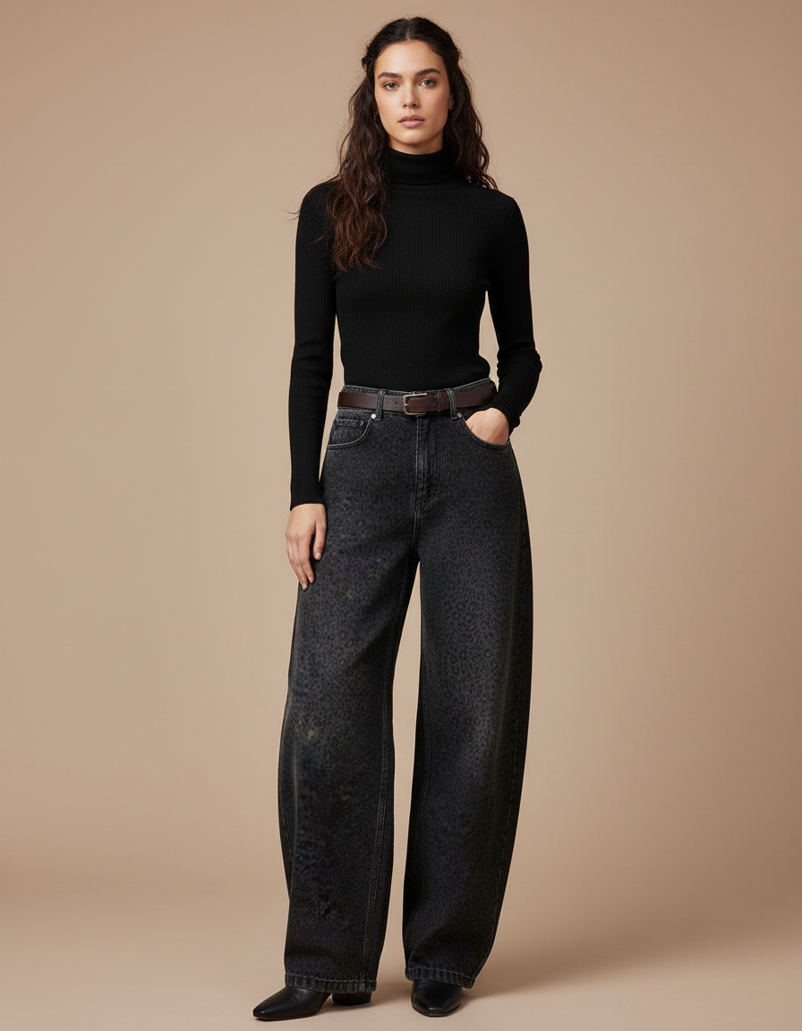 Pantalon Léopard Noir Ample Imprimé Denim Femme - Jean
