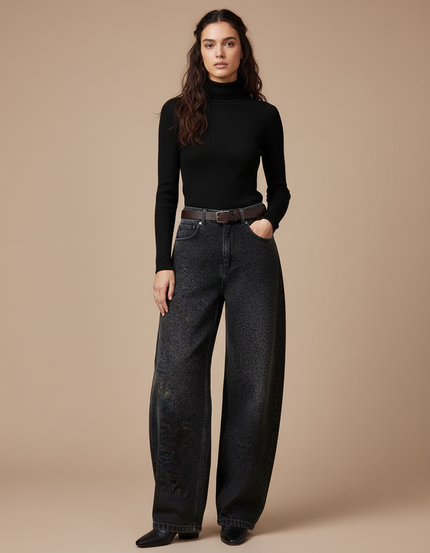 Pantalon Léopard Noir Ample Imprimé Denim Femme - Jean