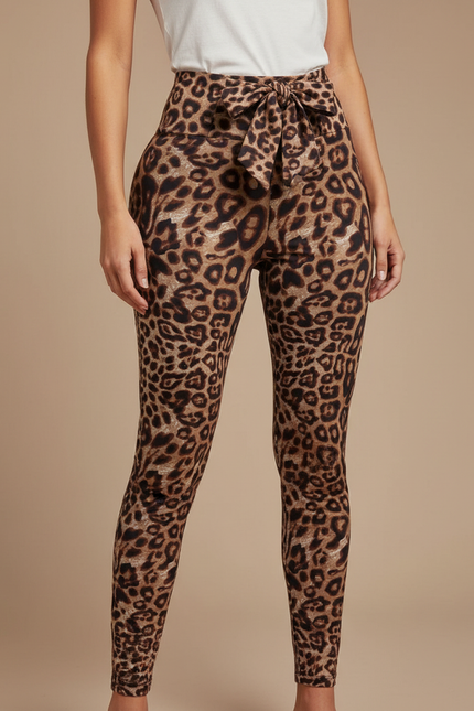 Pantalon Léopard Marron Moulant Imprimé Ceinture Nœud - Polyester