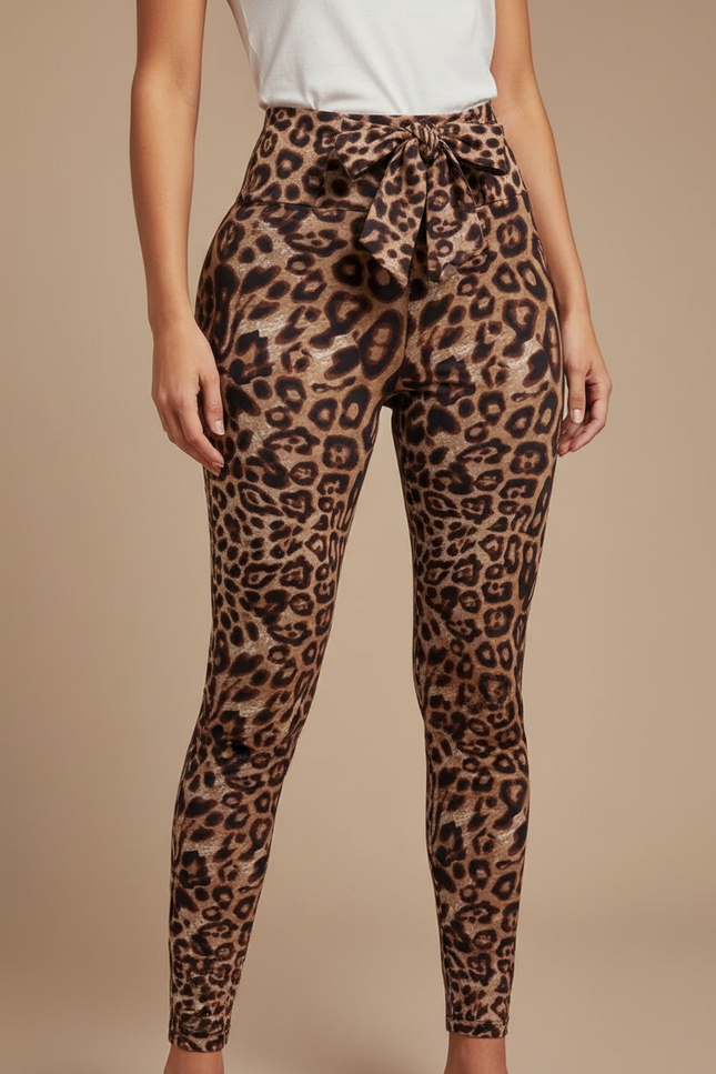 Pantalon Léopard Marron Moulant Imprimé Ceinture Nœud - Polyester