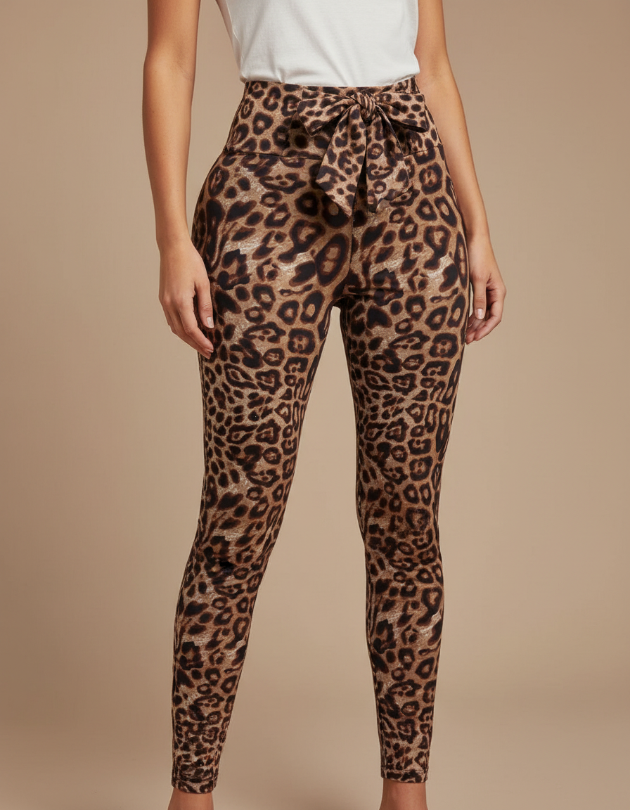 Pantalon Léopard Marron Moulant Imprimé Ceinture Nœud - Polyester