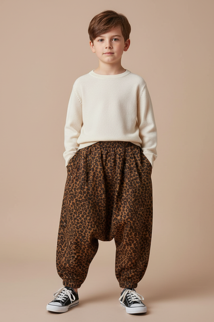 Pantalon Léopard Enfant Harem Imprimé Marron Décontracté - Molleton