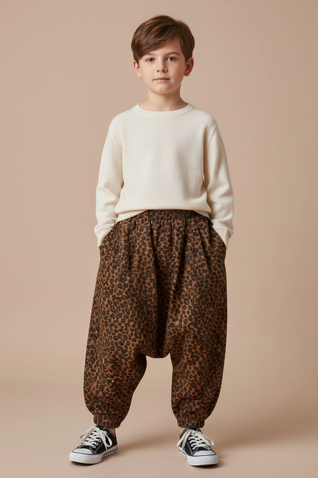 Pantalon Léopard Enfant Harem Imprimé Marron Décontracté - Molleton