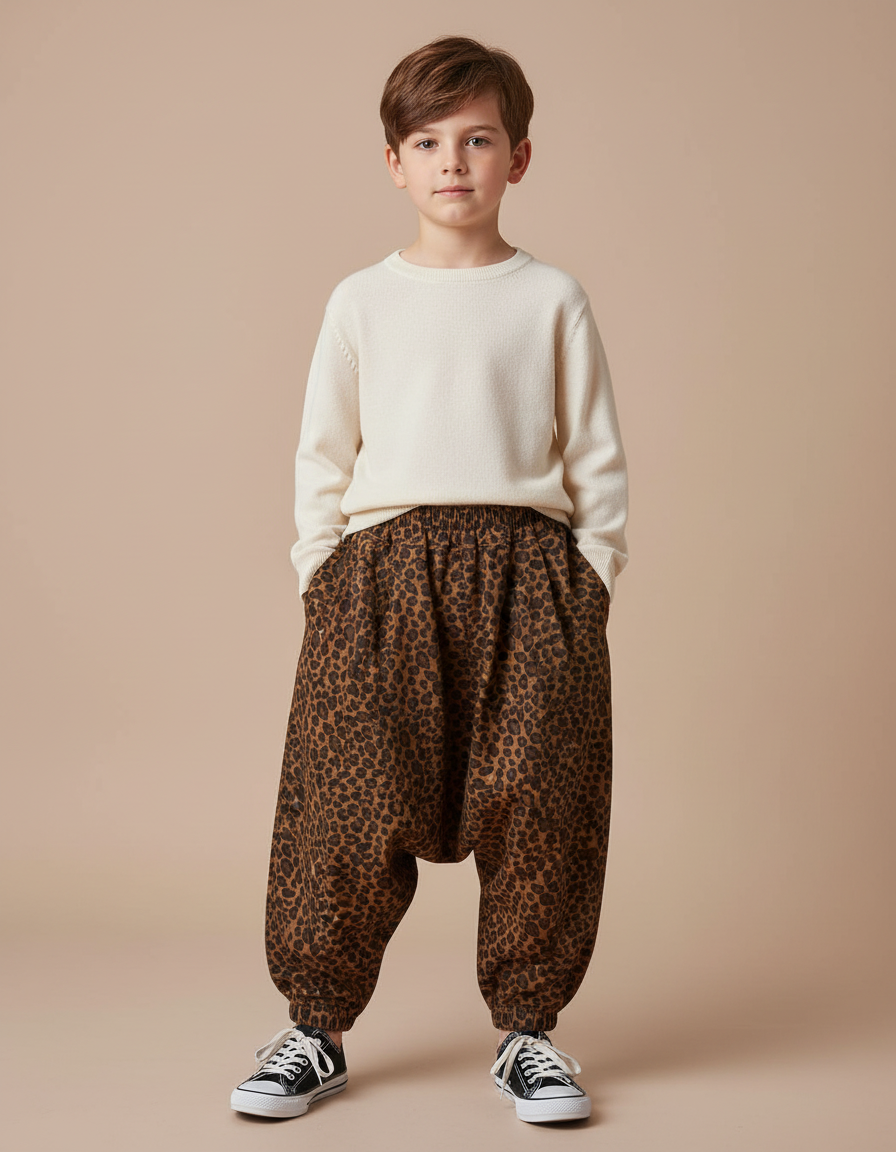 Pantalon Léopard Enfant Harem Imprimé Marron Décontracté - Molleton