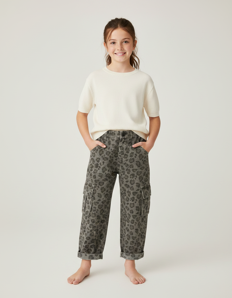 Pantalon Léopard Cargo Gris Imprimé Confortable Enfant - Jean