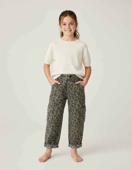 Pantalon Léopard Cargo Gris Imprimé Confortable Enfant - Jean